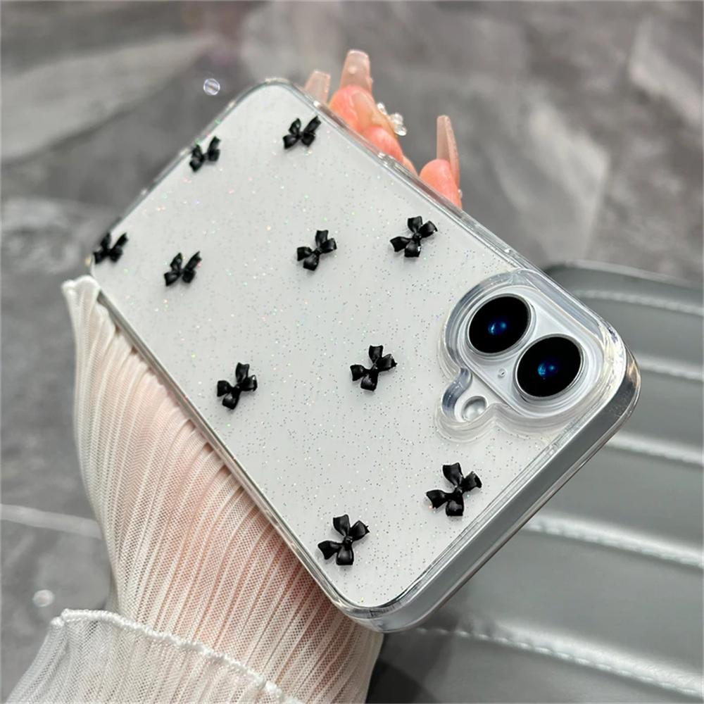 Милый 3D Чехол с Блестками и Бантом для iPhone 17 Air 16 15 13 11 Pro Max 14 Plus 12 X XS XR Корейская Девушка Эпоксидный Прозрачный Чехол