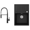 65x45cm Évier de Cuisine en granit avec égouttoir noir +mitigeur à ressort Noir