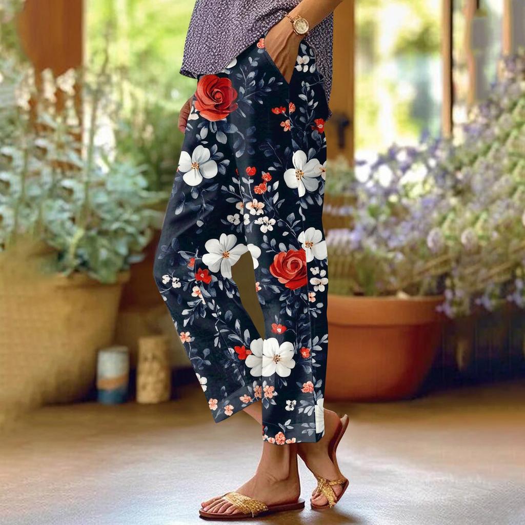 Women's Fashionable Floral Print Straight Leg Pocket Elastic Waist Casual Pants Pants