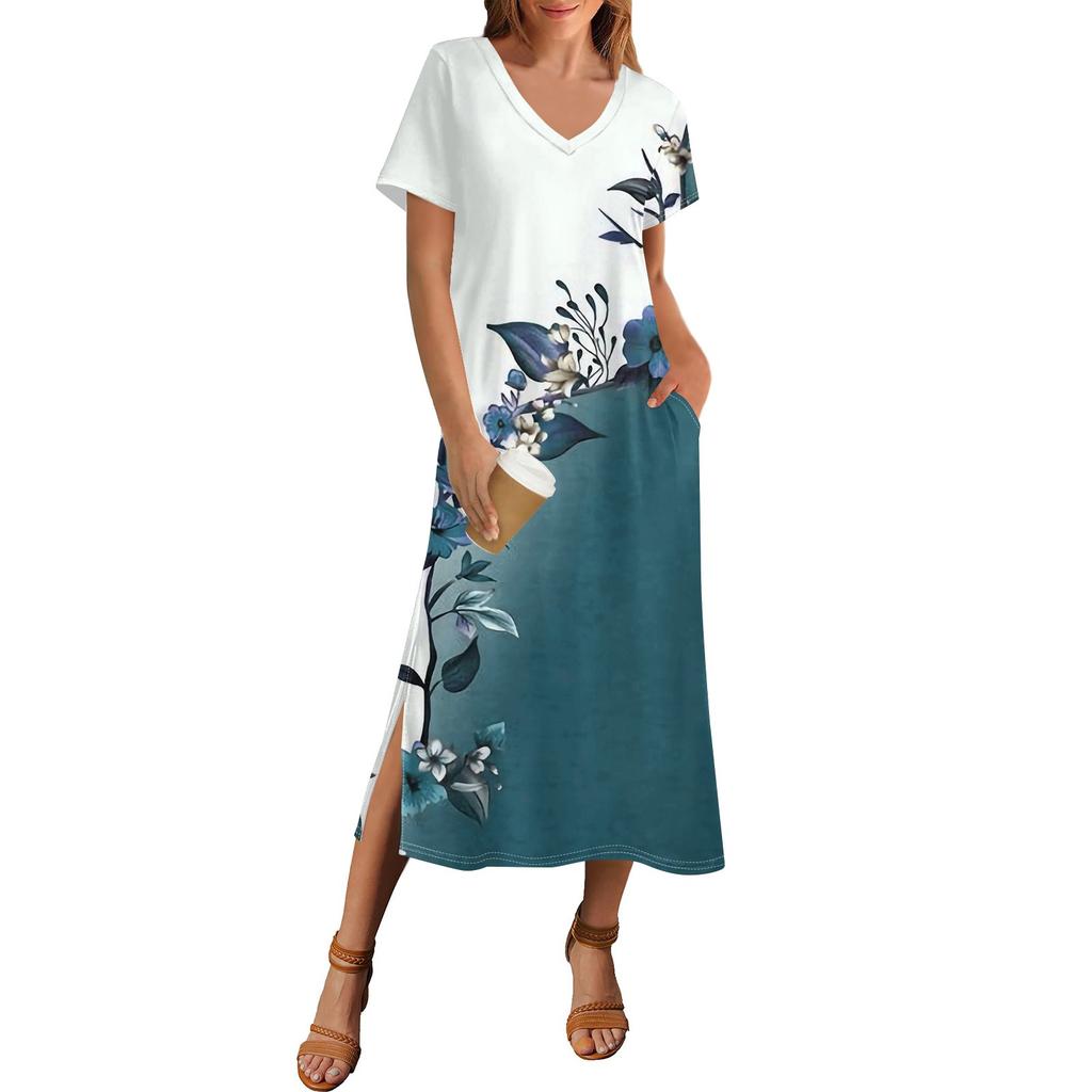 Women's Summer Floral Print Dress Short Sleeve Beach Dress With Pocket Casual V-neck Hem Side Slit Dress