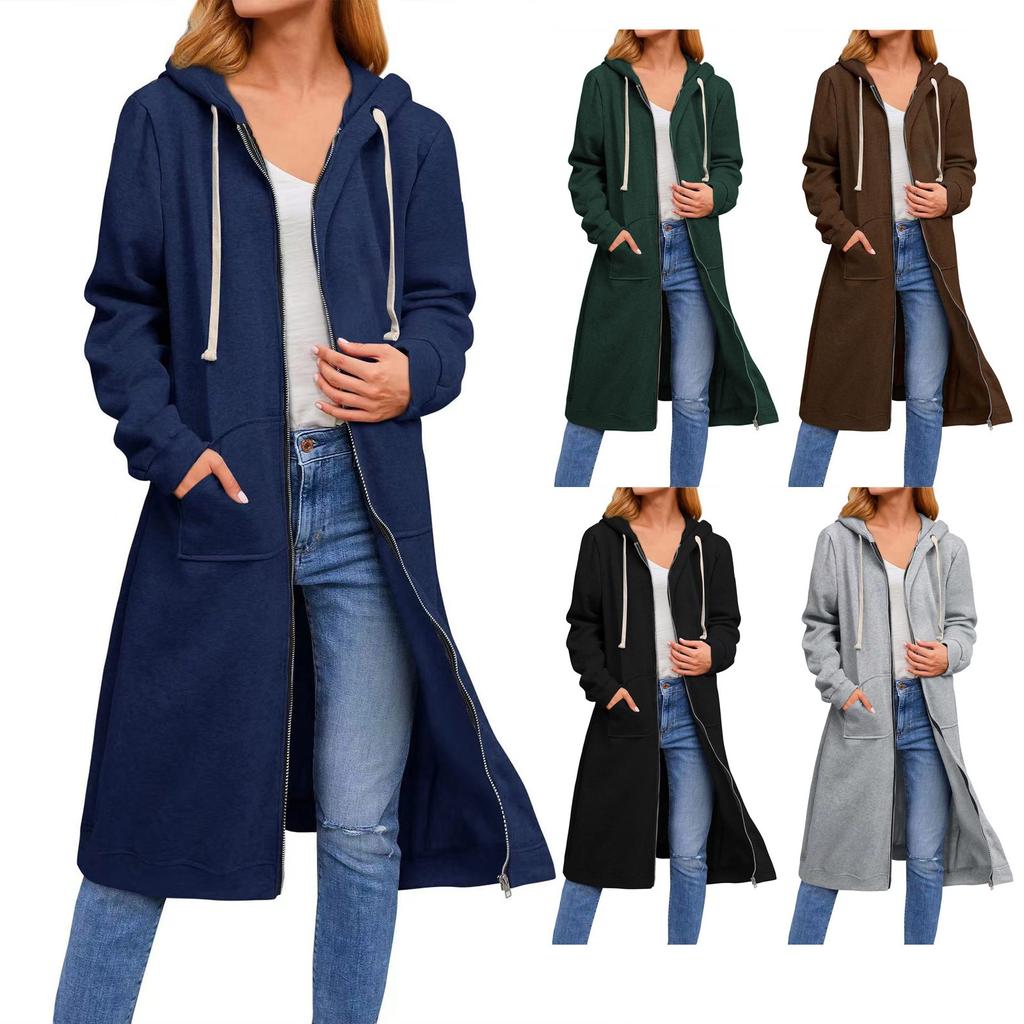 Loose Zip Long Cardigan Jacket Women's Hooded Sweatshirt Long Coat With Pocket