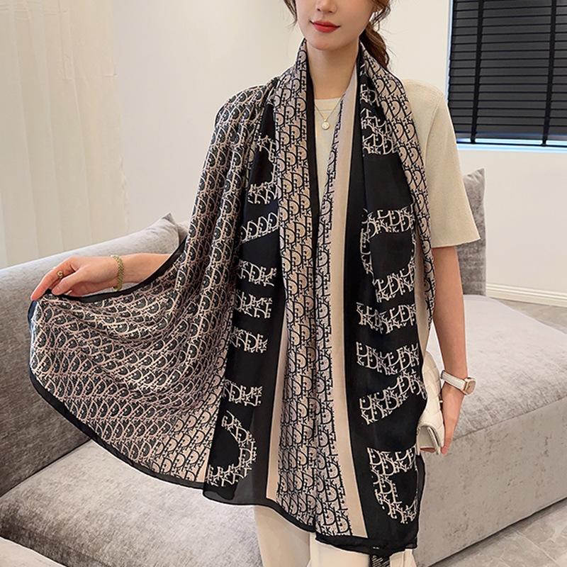 New Simple and Versatile Geometric Fashion Scarf Women's Thin Simulated Silk Shawl Sunscreen Long Large Size Silk