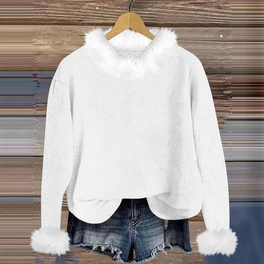 Свитшоты для женщин Вязаный свитер Милая рубашка Осенний круглый вырез Пуловер с меховым воротником Топы