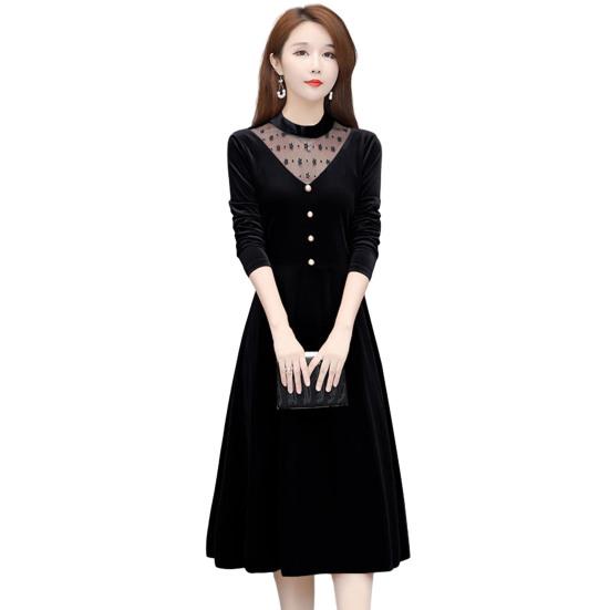 Офисное женское элегантное бархатное платье с круглым вырезом, ажурное сетчатое платье трапециевидной формы с длинными рукавами, декором на пуговицах, свободное платье миди с подолом