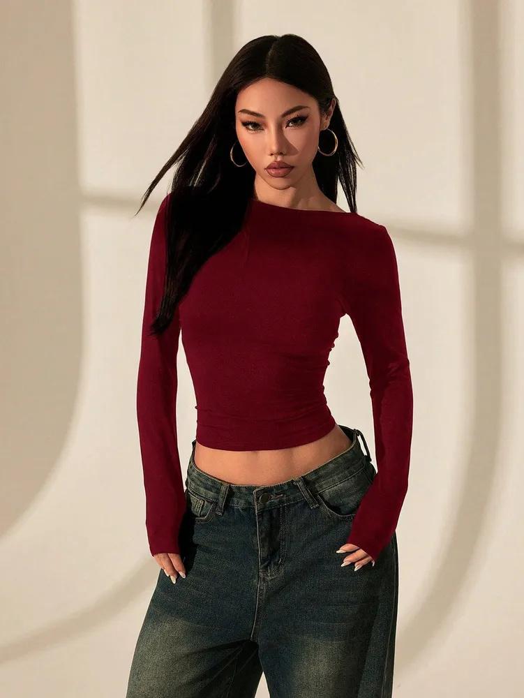 Crop Top Phumee Backless Lace Stitching Long Sleeve AE195