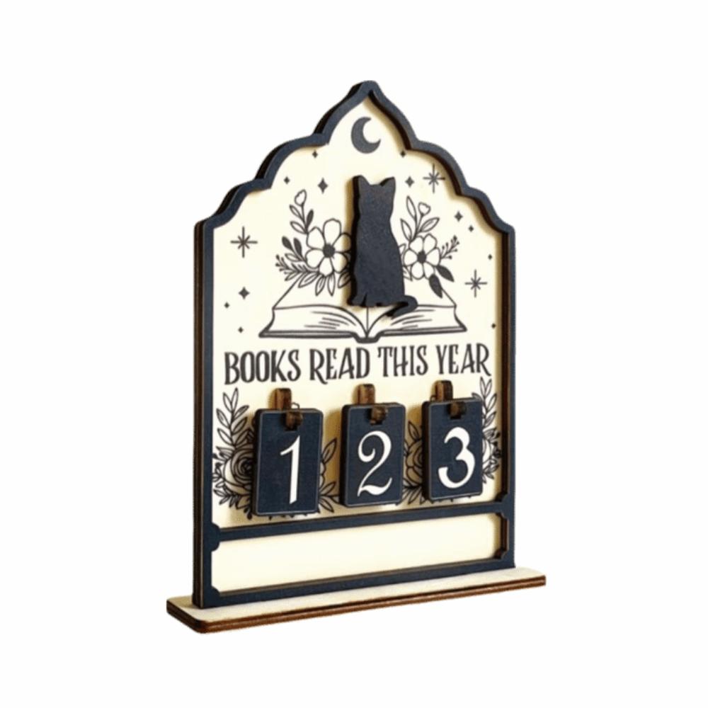 Кот Книги Отслеживание Прочитанных Книг Прочитанные Книги В Этом Году Счетчик На Этот Год Отслеживание Чтения Вывеска Деревянный Материал Дизайн Для Любителей Книг