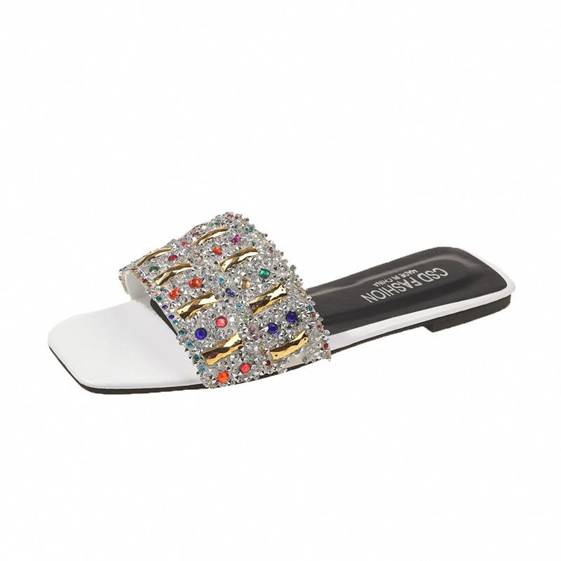 2025 лето стразы низкий каблук открытый носок большой размер верхняя одежда универсальная мода пляжные крутые шлепанцы женские
