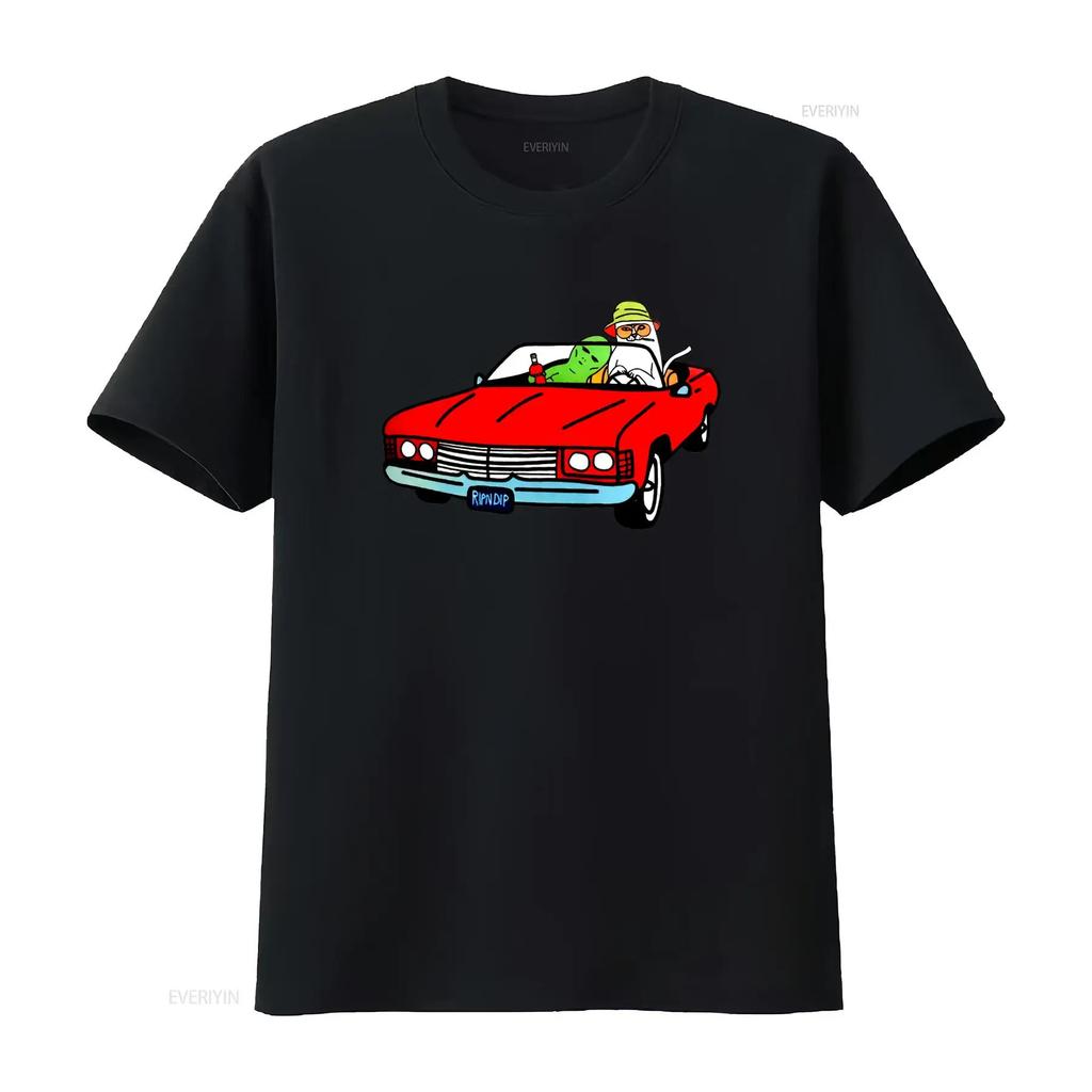 Streetwear Cartoon Cat Alien Convertible Car Print Cool Casual T Shirt vintage Washed Unisex Fo