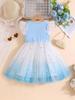 Girls Blue Ombre Star Tulle Dress Kids Print Ruffle Sleeve Princess Dress