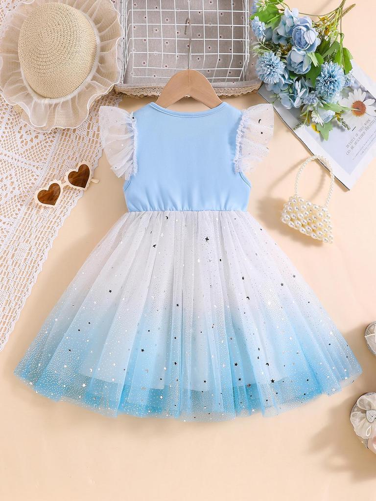 Girls Blue Ombre Star Tulle Dress Kids Print Ruffle Sleeve Princess Dress