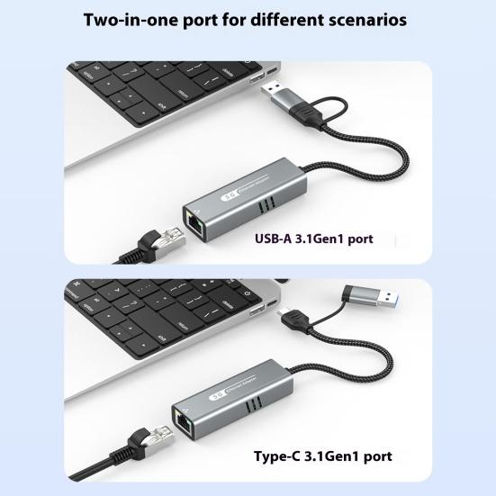 Адаптер USB/Type-C к Ethernet 5000 Мбит/с Высокоскоростной Двухинтерфейсный Универсальный Ethernet-адаптер RJ45 к Type-C Ethernet-конвертер