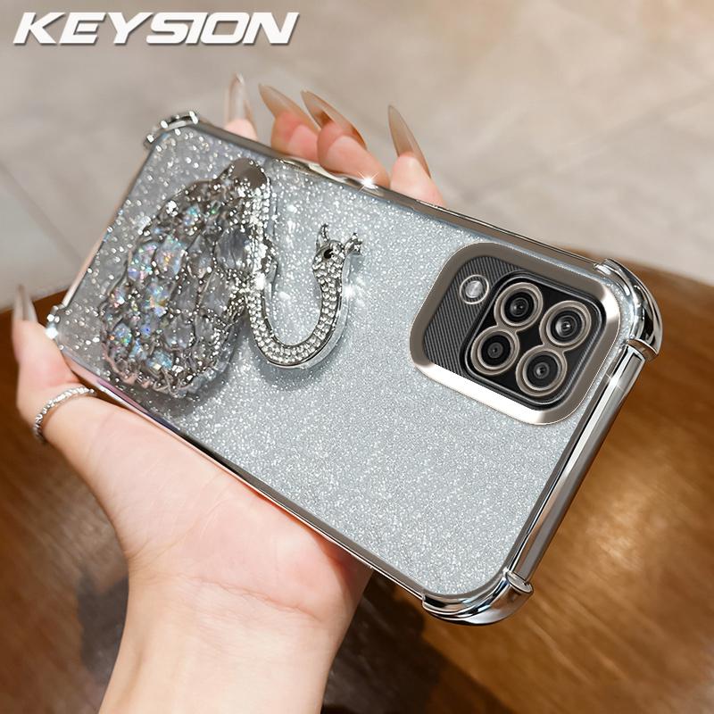 KEYSION Ударопрочный чехол с покрытием для Samsung A12 A22 4G, прозрачный, мягкий ТПУ, с блестками, украшенный лебедем, с подставкой, задняя крышка для Galaxy M12