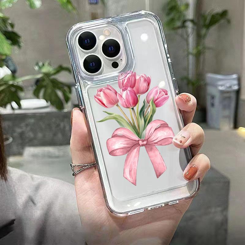 Модный Розовый Тюльпан Бант Прозрачный Чехол для Телефона Для iPhone 17 16 Pro Max 15 14 Plus 13 12 11 XS X XR 7 8 Plus 16E 17 Air Защитная Крышка