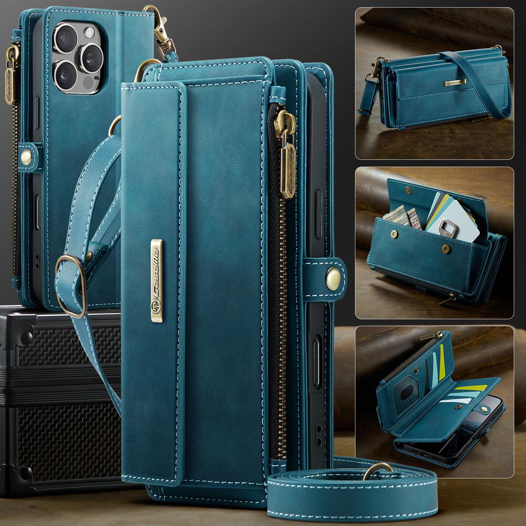 For iPhone 16 Pro CASEME Case C39 RFID Blocking Zipper Wallet Stand Leather Cover with Strap