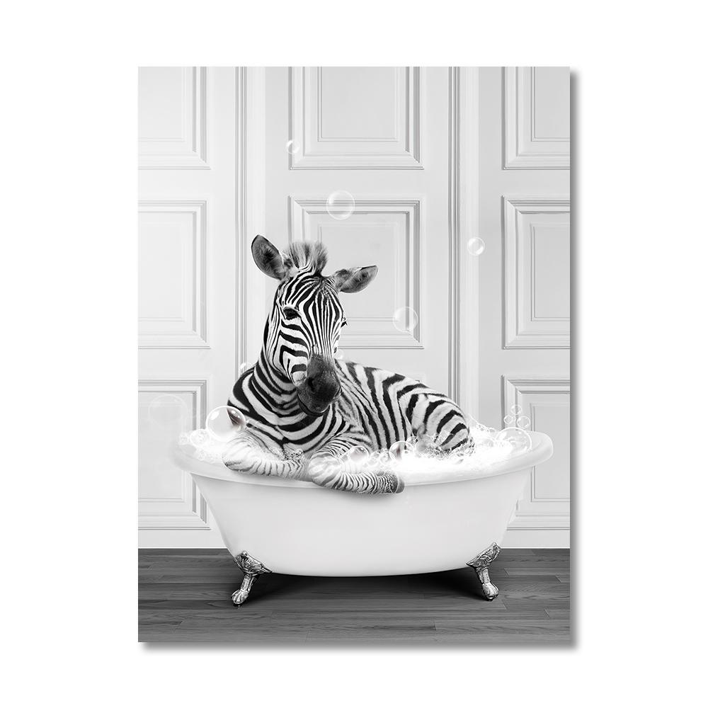 Забавные животные Настенное искусство Постеры Принты Купающийся жираф Пингвин Слон Зебра Холст Живопись Картина для Ванной Комнаты Комнаты Домашний Декор