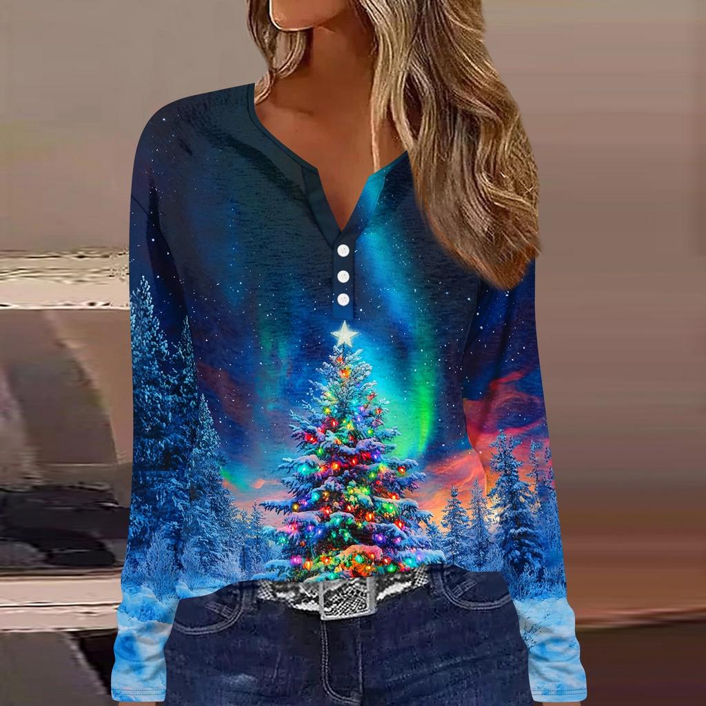 Женская футболка с пуговицами и рождественским принтом, длинный рукав, повседневная, выходного дня, модная, базовая, с V-образным вырезом, обычная