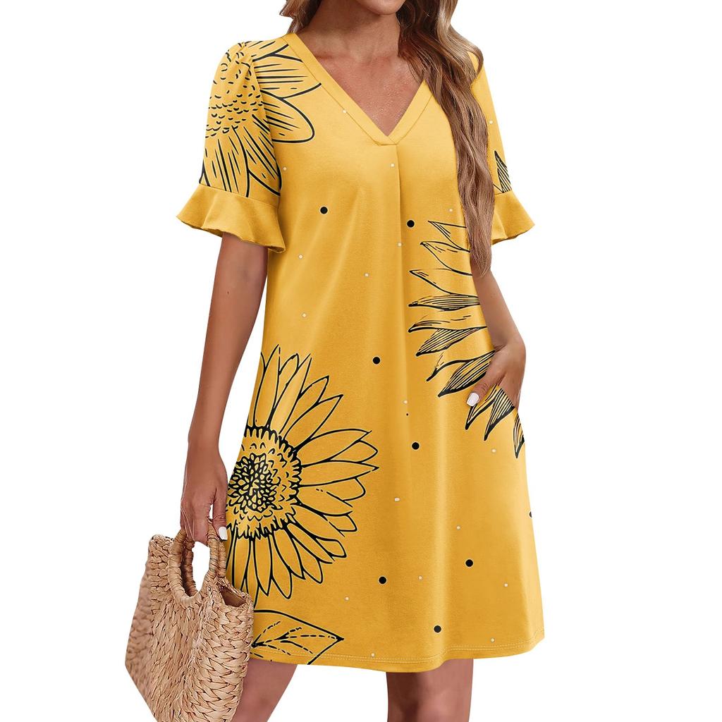 Летние платья для женщин с V-образным вырезом, оборками и коротким рукавом, повседневное свободное платье с принтом, пляжное платье с карманами
