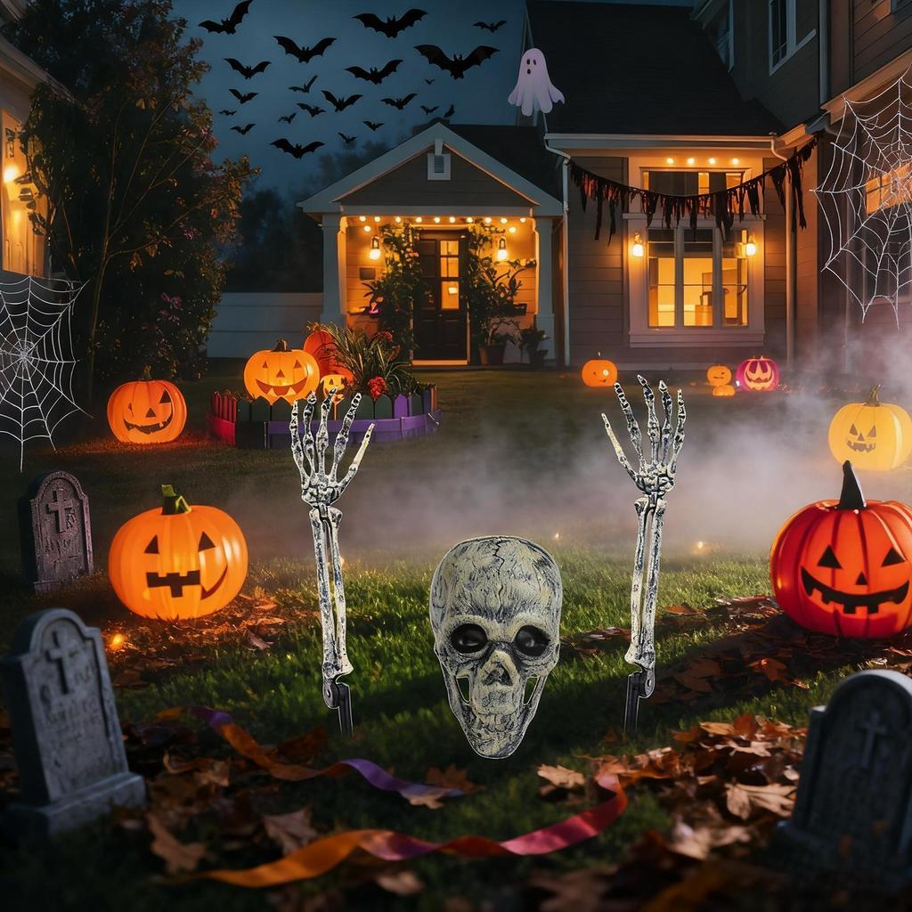 Skeleton Outdoor Decorations Halloween Stakes 3 Pieces Realistic Skull For Pathway Lawn Garden Front Door Yard Fence