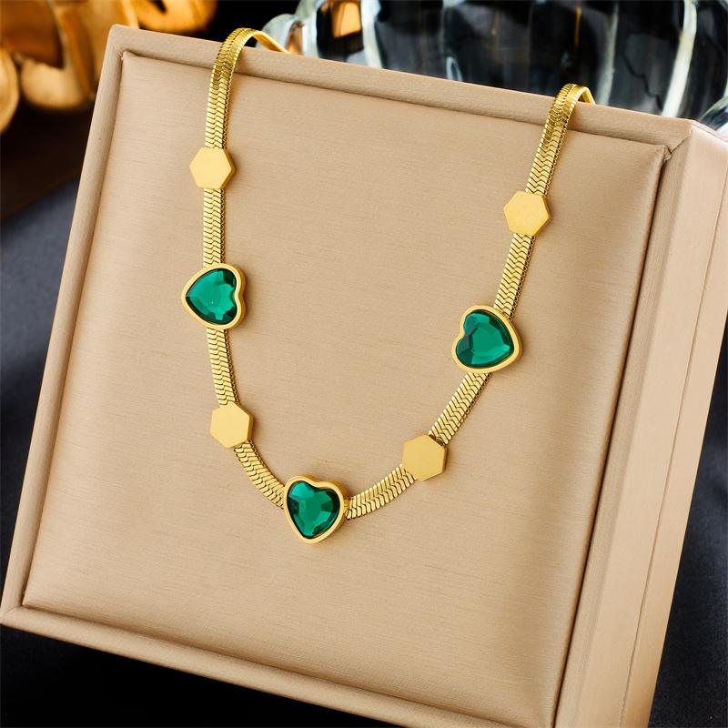 DIEYURO 316L Stainless Steel Green Heart Crystal Pendant Necklace Earrings For Women Girl New Trend Non-fading Jewelry Set Party
