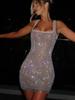 Модное Трендовое Однотонное Платье на Бретельках с Алмазным Тиснением для Женщин Зимнее Новое Сексуальное С Открытой Спиной Без Рукавов Шикарное Облегающее Платье