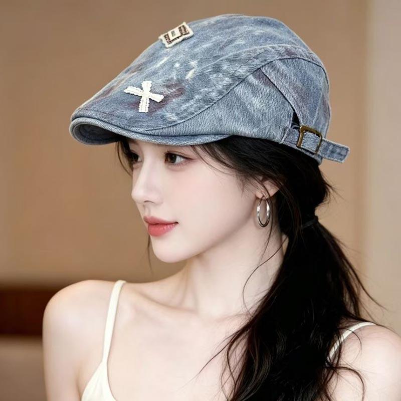 Spring and Autumn Bow Cowboy Forward Hat Female Face Small Beret Retro Washed Old Newsboy Hat Tide