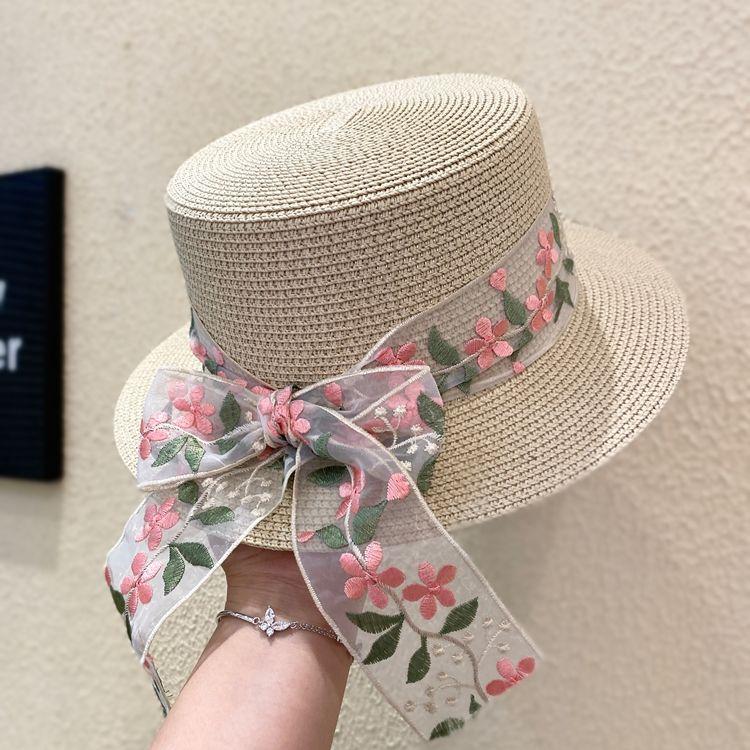 Женская соломенная плетеная шляпа-цилиндр с короткими полями, летняя, кружевная, вышитая, фиолетовая, с плоским верхом, солнцезащитная и защищающая от солнца, соломенная шляпа