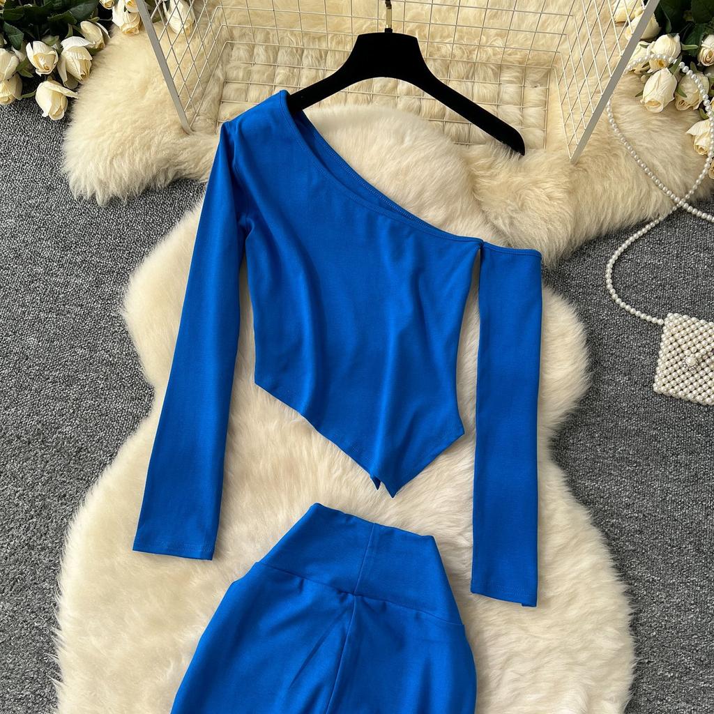 Сексуальная косая горловина без бретелек длинный рукав асимметричная футболка топ женский высокая талия тонкий пакет бедра микро брюки костюм