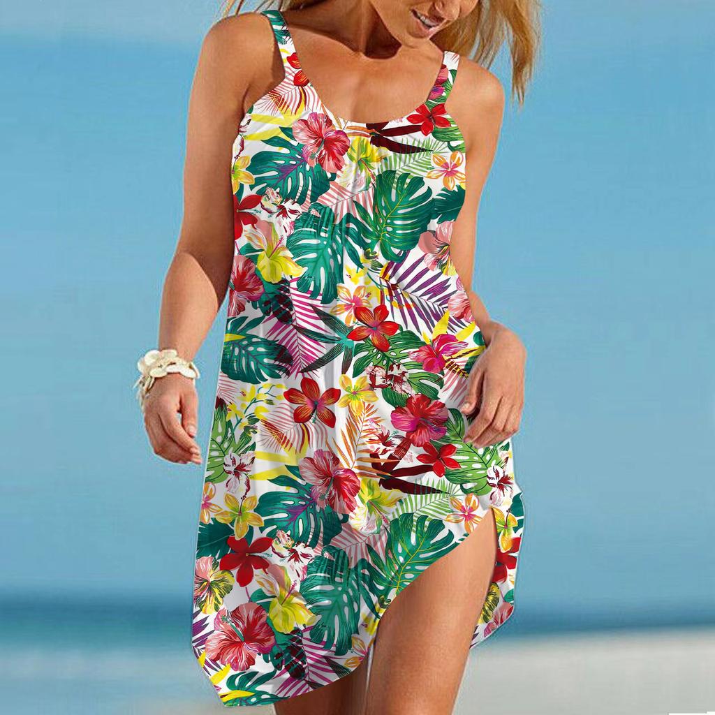 Пляжная одежда Мини-платье с принтом листьев Повседневное современное платье без рукавов Свободный крой Повседневное летнее платье для улицы