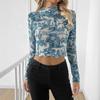 Spring and Summer Women's Transparent Blue Printed Long-sleeved Small Stand-up Collar Mesh Short T-shirt Versatile Closet Essential Fashion Shirt