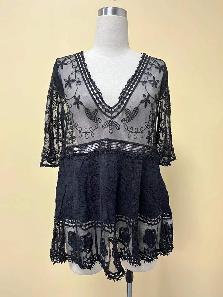 Стильная пляжная туника с V-образным вырезом, кружевной вышивкой и защитой от солнца