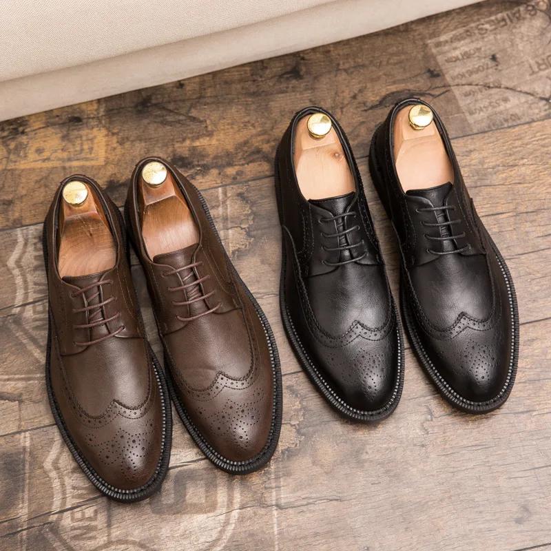  Men Leather Shoes Business Dress Shoes All-Match Casual Shock-Absorbing Footwear Wear-Resistant Wedding Shoes