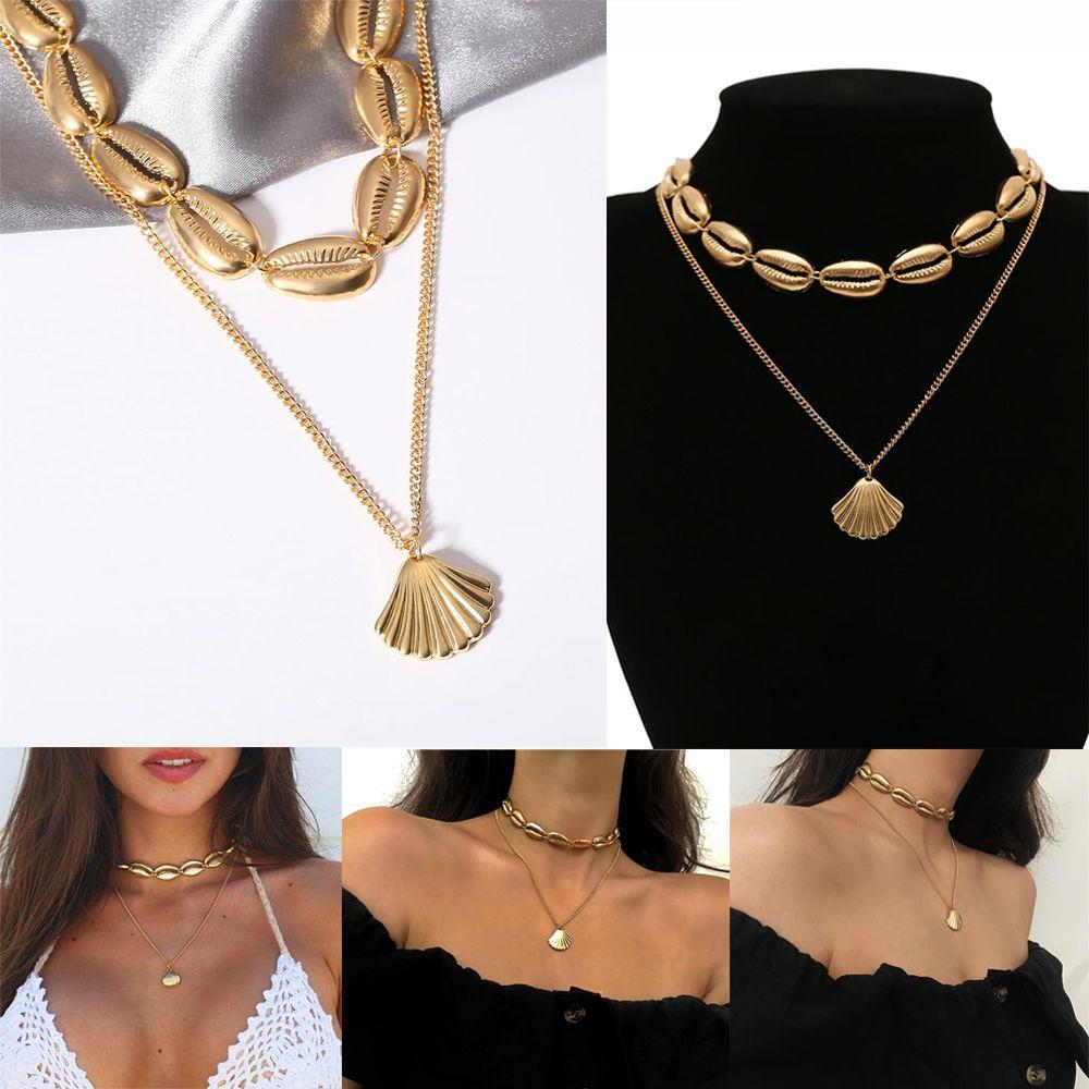 Golden Silver Chain Choker Multilayer Shell Necklace Bohemian Cowry Seashell Pendant Beach Jewelry