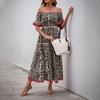 Женское летнее платье средней длины с открытыми плечами, рукавами-лотосом и А-образным вырезом, платье с леопардовым принтом