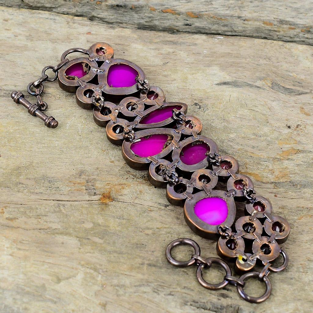 Розовый браслет с друзами, гальванический медный браслет, регулируемый браслет-цепочка, браслет с розовым турмалином и драгоценными камнями, ювелирные изделия ручной работы, подарок для него