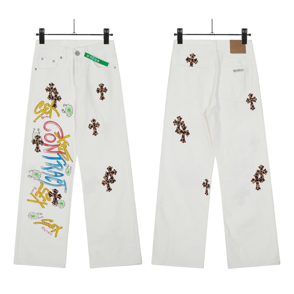 7704 CHROME HEARTS Men's and Women's American Style Trendy Jeans with Fabric Patches, Casual and Fashionable High Street Pants