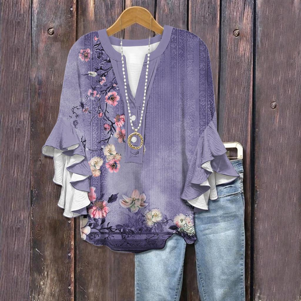 Summer Tops For Women Cute V Neck 3/4 Sleeve Blouses Floral Print Top Casual Shirts