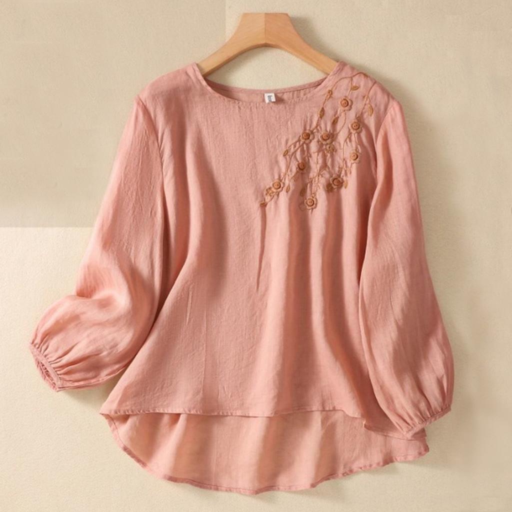 Женская однотонная хлопковая и льняная футболка с длинными рукавами и вышивкой в стиле ретро с дышащей тканью и круглым вырезом