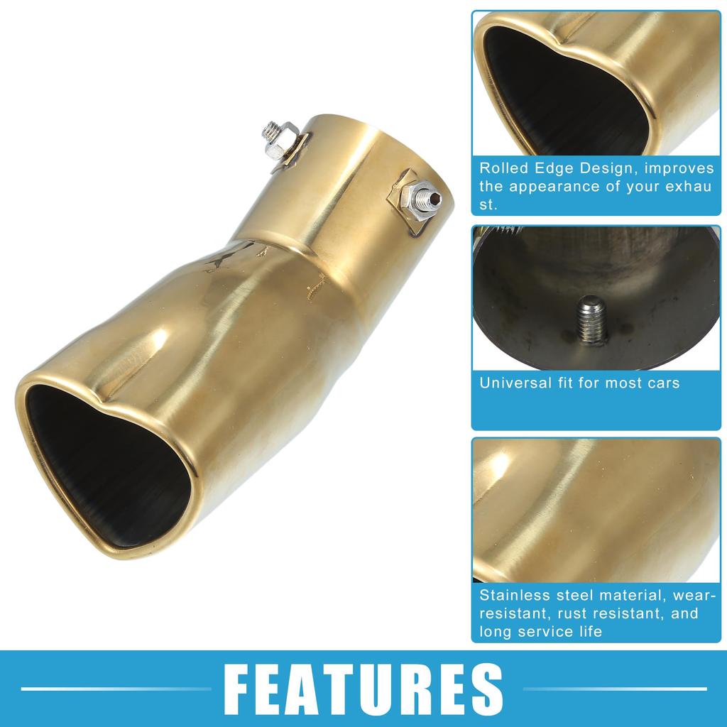 ABSOPRO Car Curved Exhaust Tip 61mm 69x61mm 190mm Muffler Stainless Gold Tone Heart-Shaped Tailpipe, Inlet, Outlet, Length, Bolt-On Tip, Steel,