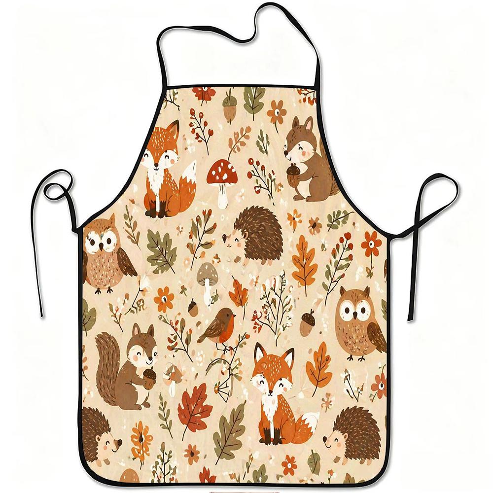 1pc Forest Animals Apron with Fox, Owl, Hedgehog, Squirrel & Mushroom Print - Adjustable Waistband, Durable Easy-Clean Polyester Suitable for Kitchen