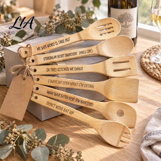 Humorous Kitchen Gifts 6Pcs Bamboo Spoon Set with Funny Swear Words, Engraved Wooden Serving Spoons Cooking Utensils, Gag Gift for Home Stirring