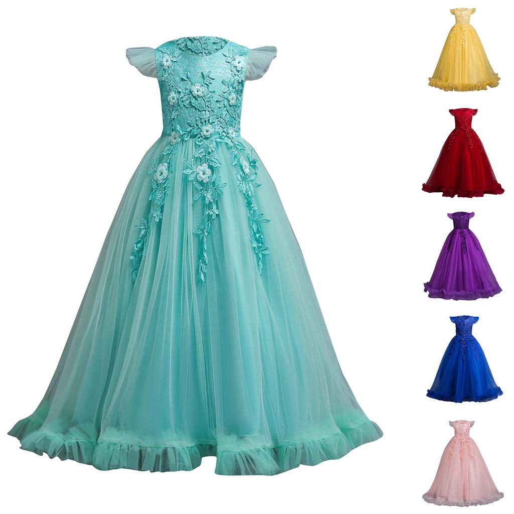 Юбка принцессы, платье для девочек, детское сетчатое длинное платье в пол, среднее и большое детское сетчатое кружевное торжественное платье