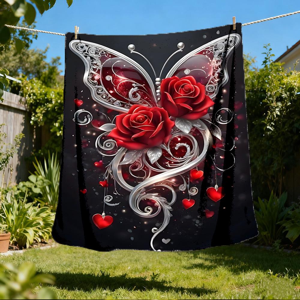 1pc Butterfly Roses Heart Outdoor Flannel Blanket Soft All Season Polyester Throw , Perfect for Picnics & Travel , Picnic Accessory