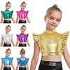 Kids Dance Shirt Metallic Mock Neck Mesh Patchwork Rhinestone Ruffle Crop Top with Press Buttons
