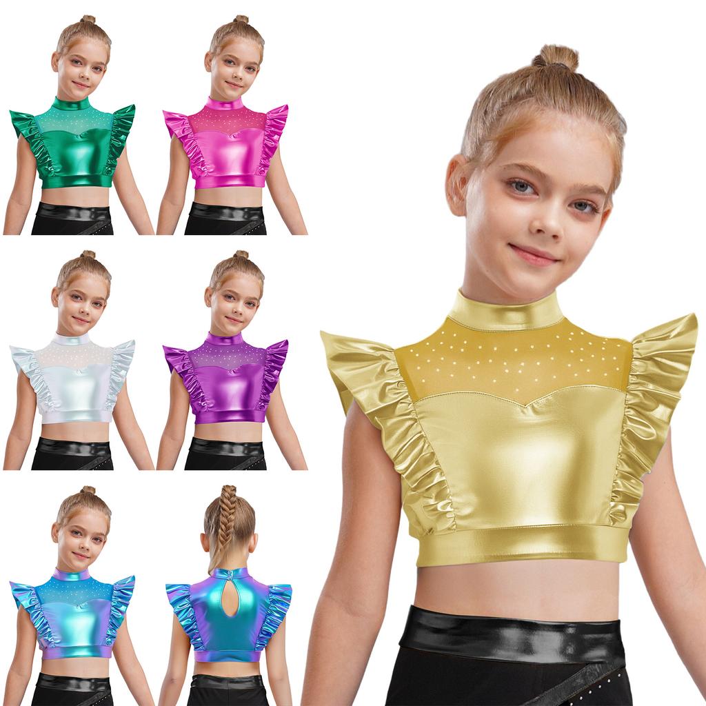 Kids Girls Metallic Tank Tops Mock Neck Mesh Patchwork Rhinestone Adorned Sleeveless Shiny Ruffle Crop Tops with Press Buttons Keyhole Back Dance Shir