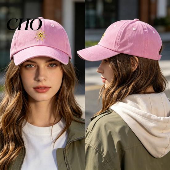 Summer Baseball Hat Embroidery Sun Pattern Hat, Adjustable Back Buckle Retro Distressed Lightweight Style Cap, Washed Cotton Fabric Outdoor