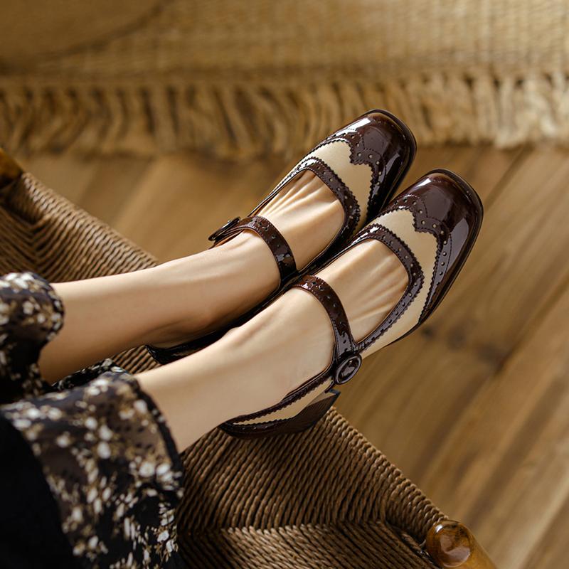Мода 2025 Новые Лакированные Туфли Мэри Джейн Женские LEISURE Пряжка Лодочки с Мелким Вырезом Квадратный Носок Толстый Каблук Обувь Женская Zapatos De Mujer