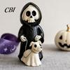 Cute Spooky Halloween Gift Grim Reaper & Ghostly Puppy Resin Figurine, Black Robed Skeleton with Ornament Ghost Dog Statue, Dark Gothic Decor for Desk