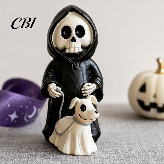 Cute Spooky Halloween Gift Grim Reaper & Ghostly Puppy Resin Figurine, Black Robed Skeleton with Ornament Ghost Dog Statue, Dark Gothic Decor for Desk