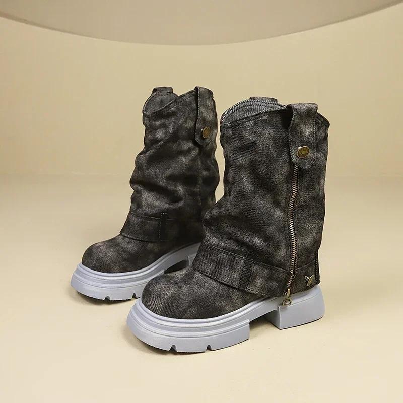 Denim Thick Sole Women's Chelsea Boots Mid-calf Designer Shoes Winter Fashion 2024 Hot Selling Versatile New Style Women's Boots