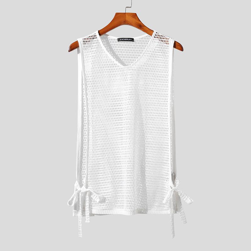 INCERUN Summer Men Sleeveless Split Lace Up Vest See Through Tank Tops